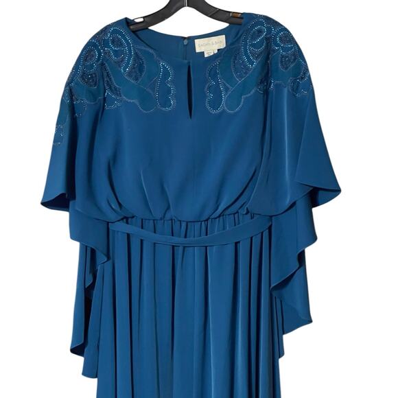 Sachin & Babi Size 2 NWT Moroccan Blue Crepe Embroidered Wren Cape Maxi Gown - Picture 5 of 12